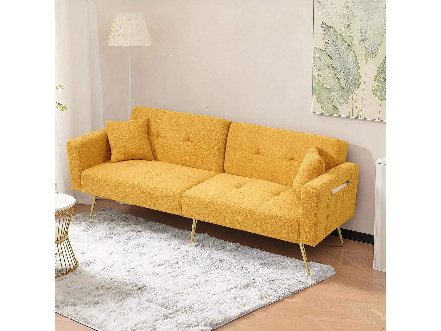 Canapé convertible 2 places - angle réglable - avec coussins et poches de rangement latérales - jaune