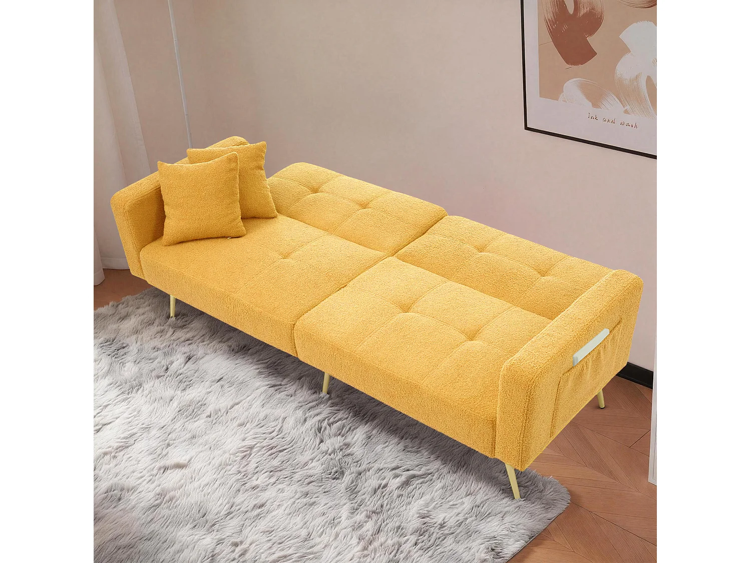 Canapé convertible 2 places - angle réglable - avec coussins et poches de rangement latérales - jaune