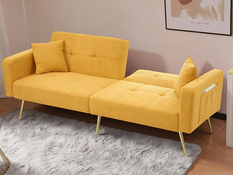 Canapé convertible 2 places - angle réglable - avec coussins et poches de rangement latérales - jaune