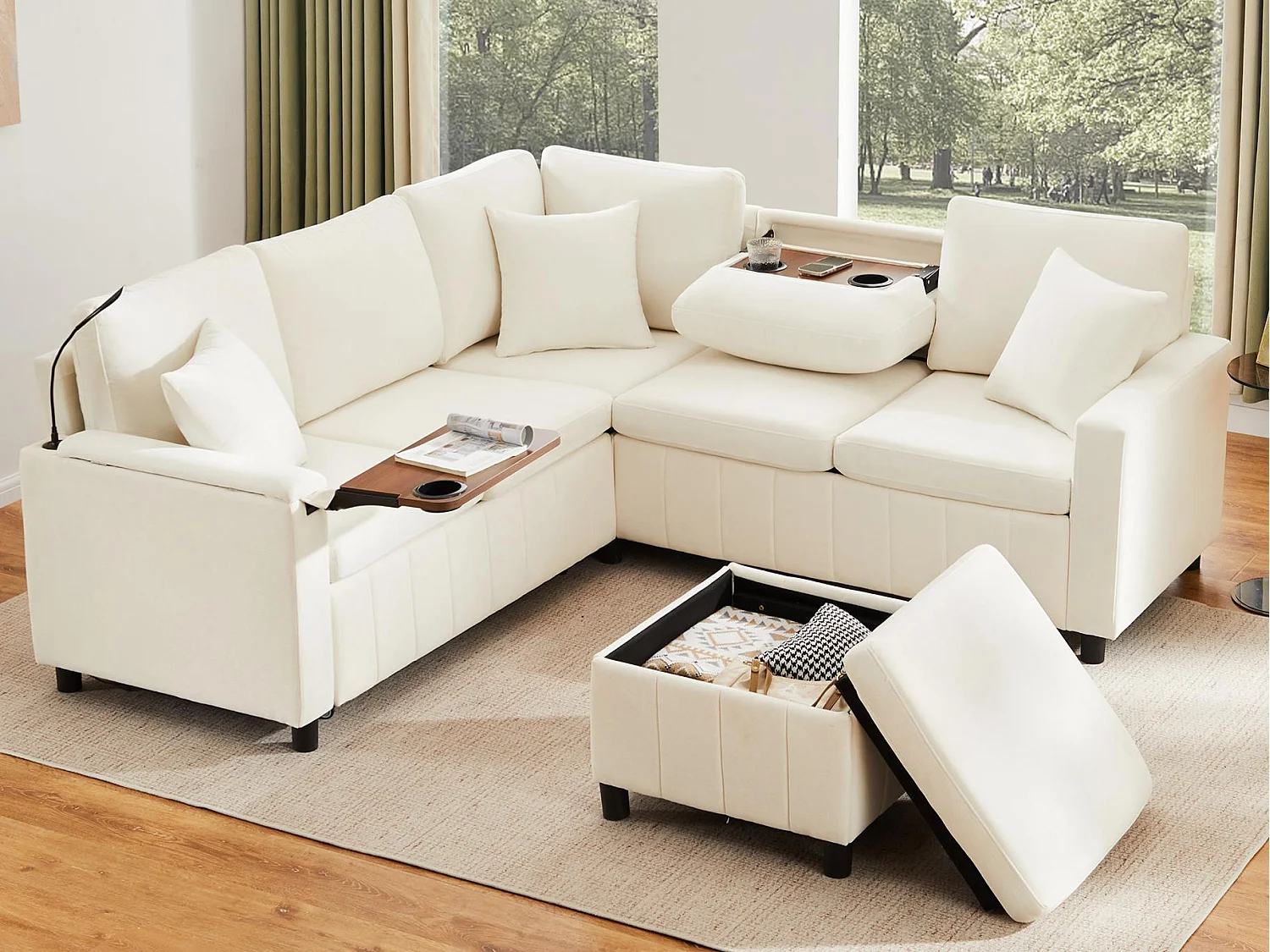 Canapé d'angle en chenille - avec fonction sommeil - avec USB, Type-C et lampe de lecture - dossier pliable avec deux porte-gobelets - avec tabouret - Beige