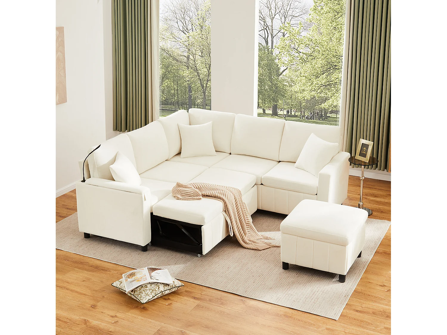 Canapé d'angle en chenille - avec fonction sommeil - avec USB, Type-C et lampe de lecture - dossier pliable avec deux porte-gobelets - avec tabouret - Beige