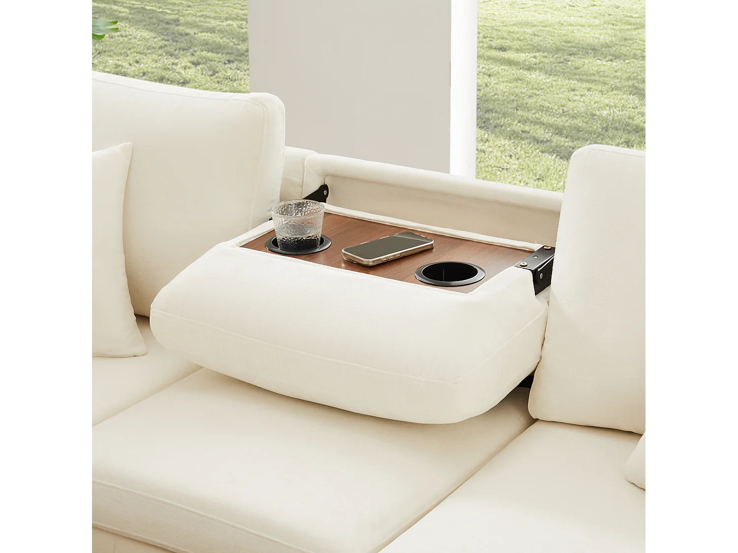 Canapé d'angle en chenille - avec fonction sommeil - avec USB, Type-C et lampe de lecture - dossier pliable avec deux porte-gobelets - avec tabouret - Beige