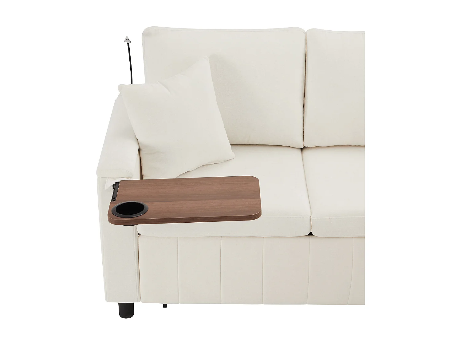 Canapé d'angle en chenille - avec fonction sommeil - avec USB, Type-C et lampe de lecture - dossier pliable avec deux porte-gobelets - avec tabouret - Beige