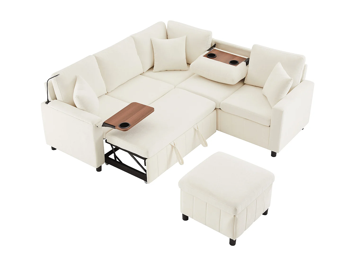 Canapé d'angle en chenille - avec fonction sommeil - avec USB, Type-C et lampe de lecture - dossier pliable avec deux porte-gobelets - avec tabouret - Beige