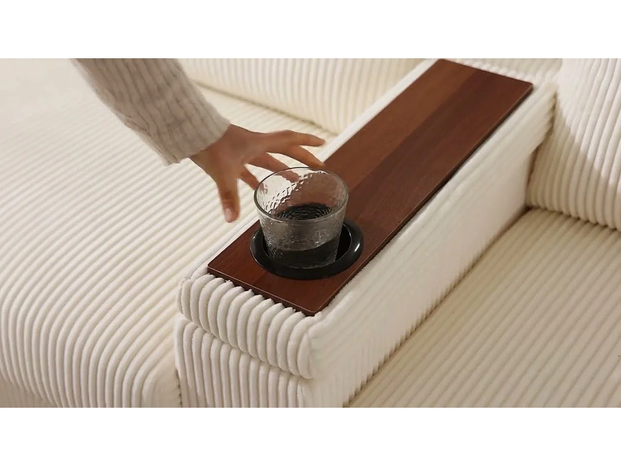 Canapé moderne en forme de U - avec USB, Type-C et lampe de lecture - avec lumières LED Porte - avec gobelet et 2 repose-pieds - velours côtelé - Gris