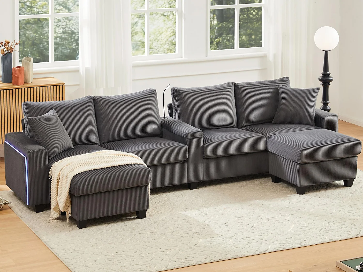 Canapé moderne en forme de U - avec USB, Type-C et lampe de lecture - avec lumières LED Porte - avec gobelet et 2 repose-pieds - velours côtelé - Gris