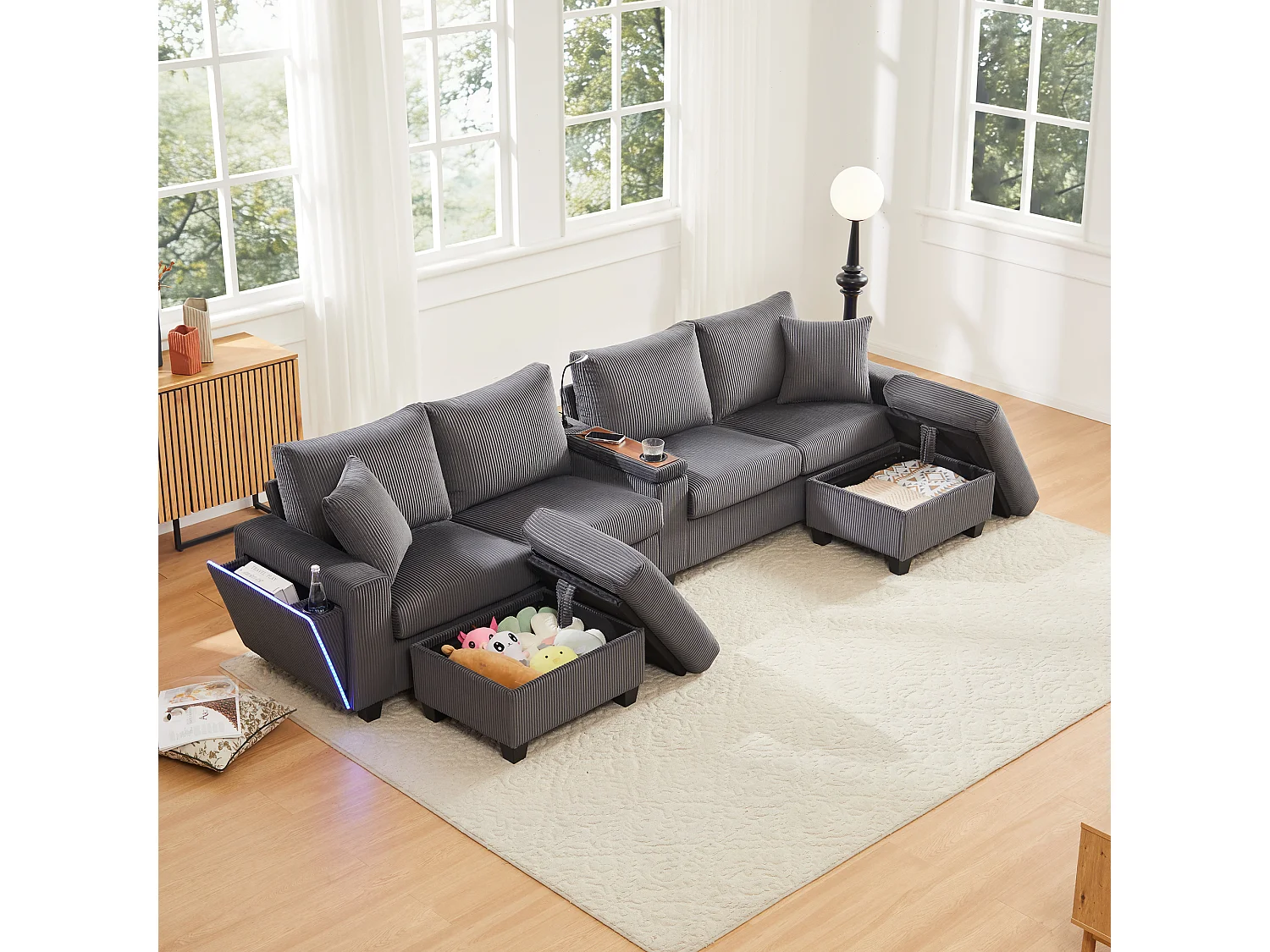 Canapé moderne en forme de U - avec USB, Type-C et lampe de lecture - avec lumières LED Porte - avec gobelet et 2 repose-pieds - velours côtelé - Gris