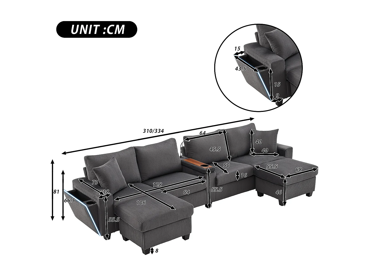 Canapé moderne en forme de U - avec USB, Type-C et lampe de lecture - avec lumières LED Porte - avec gobelet et 2 repose-pieds - velours côtelé - Gris