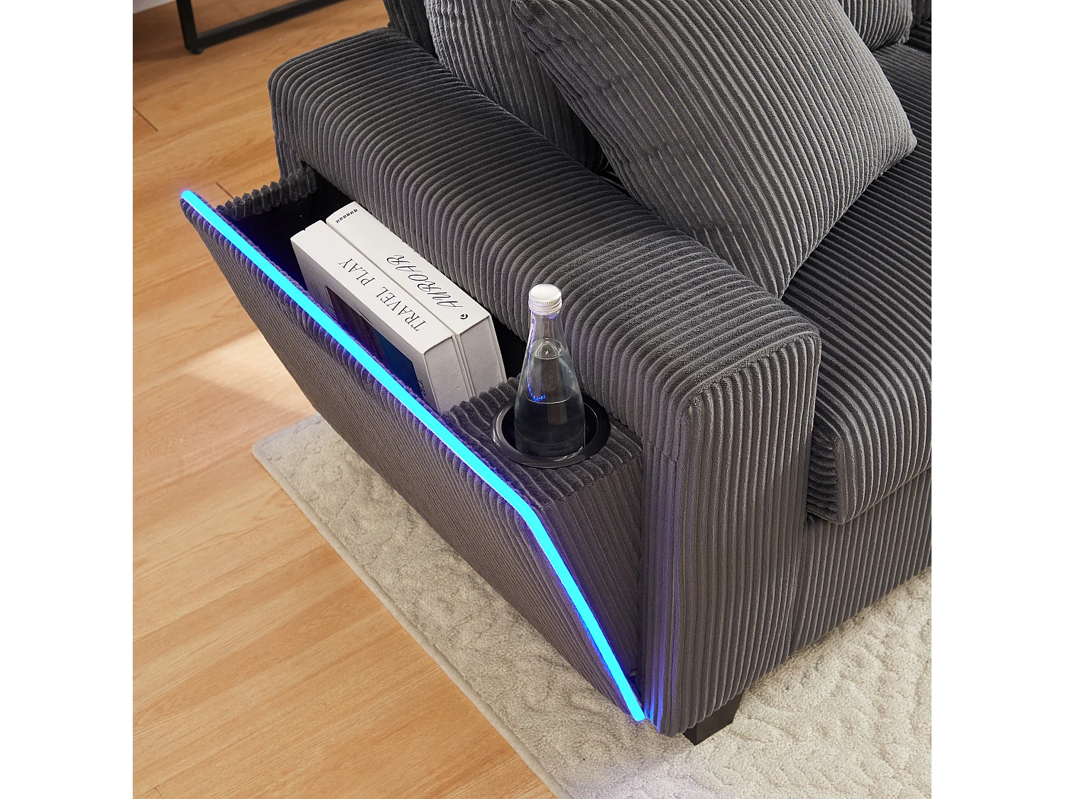Canapé moderne en forme de U - avec USB, Type-C et lampe de lecture - avec lumières LED Porte - avec gobelet et 2 repose-pieds - velours côtelé - Gris