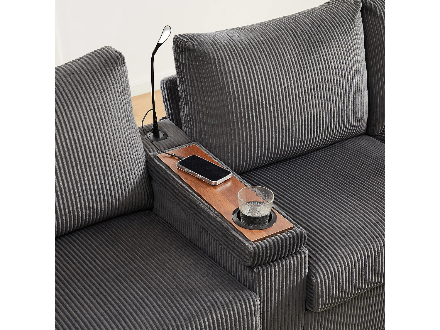 Canapé moderne en forme de U - avec USB, Type-C et lampe de lecture - avec lumières LED Porte - avec gobelet et 2 repose-pieds - velours côtelé - Gris