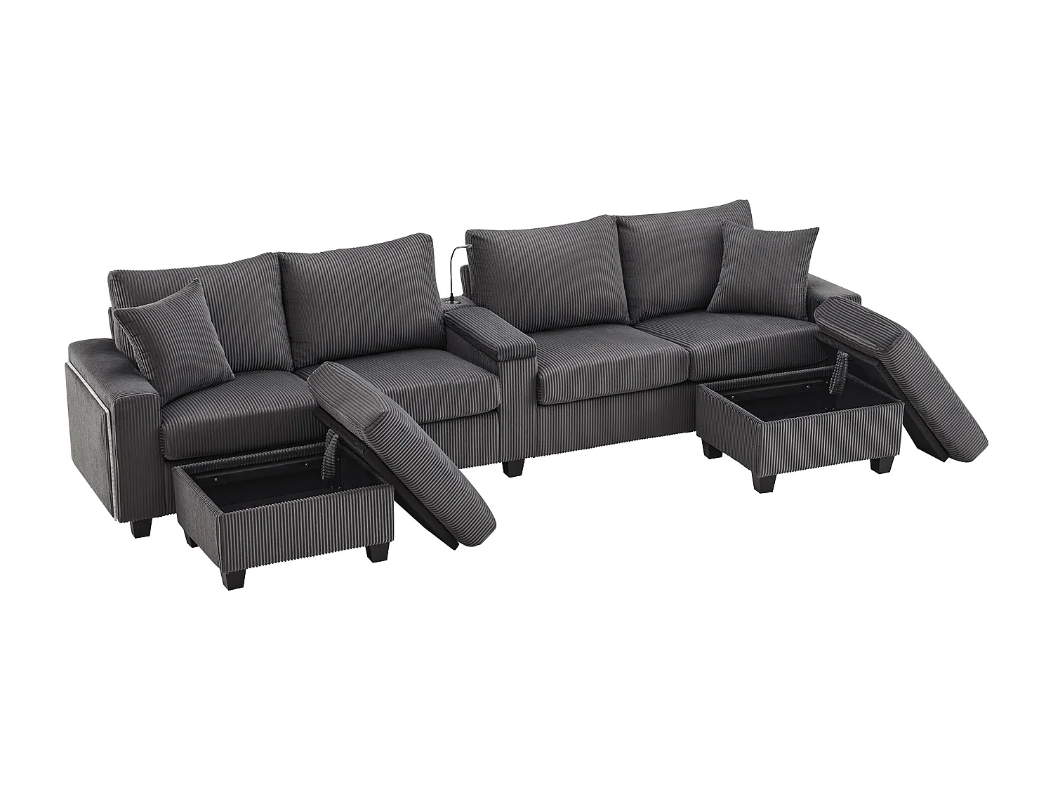 Canapé moderne en forme de U - avec USB, Type-C et lampe de lecture - avec lumières LED Porte - avec gobelet et 2 repose-pieds - velours côtelé - Gris