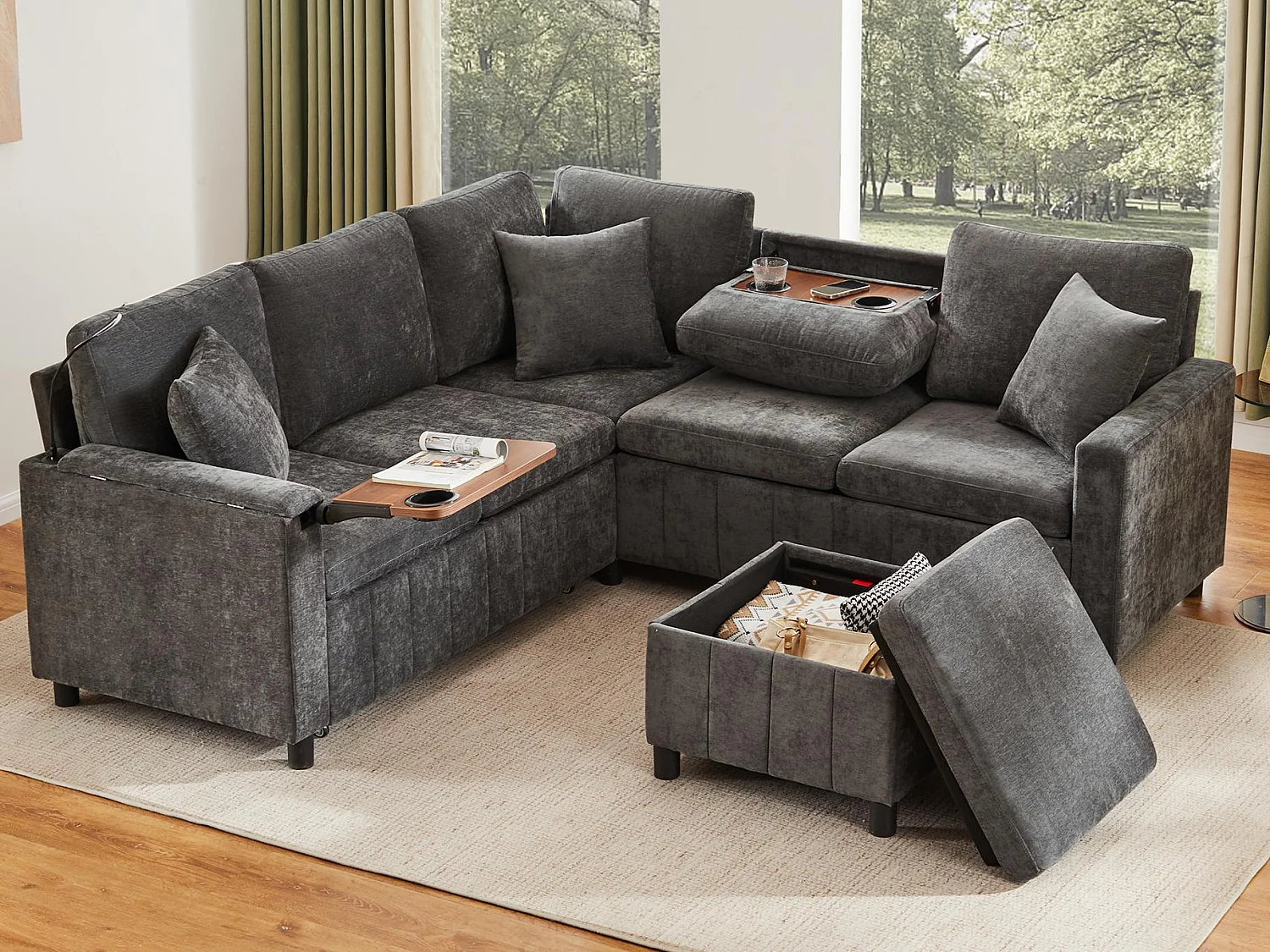 Canapé d'angle en chenille - avec fonction sommeil - avec USB, Type-C et lampe de lecture - dossier pliable avec deux porte-gobelets - avec tabouret - Gris