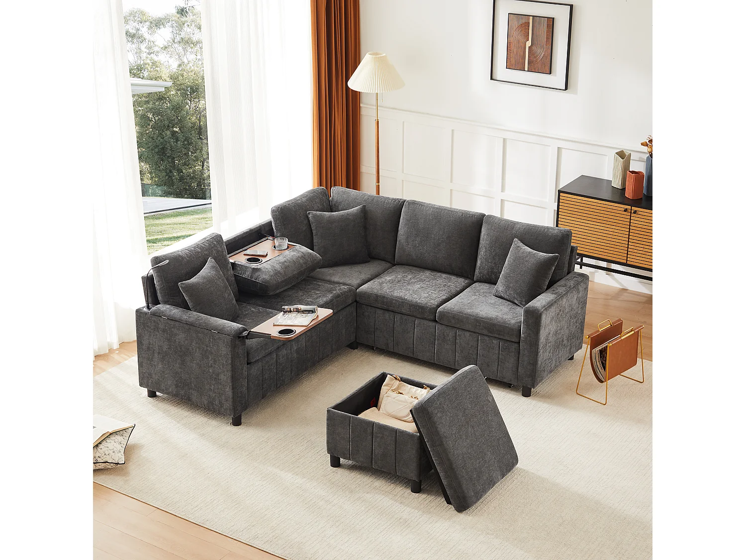 Canapé d'angle en chenille - avec fonction sommeil - avec USB, Type-C et lampe de lecture - dossier pliable avec deux porte-gobelets - avec tabouret - Gris