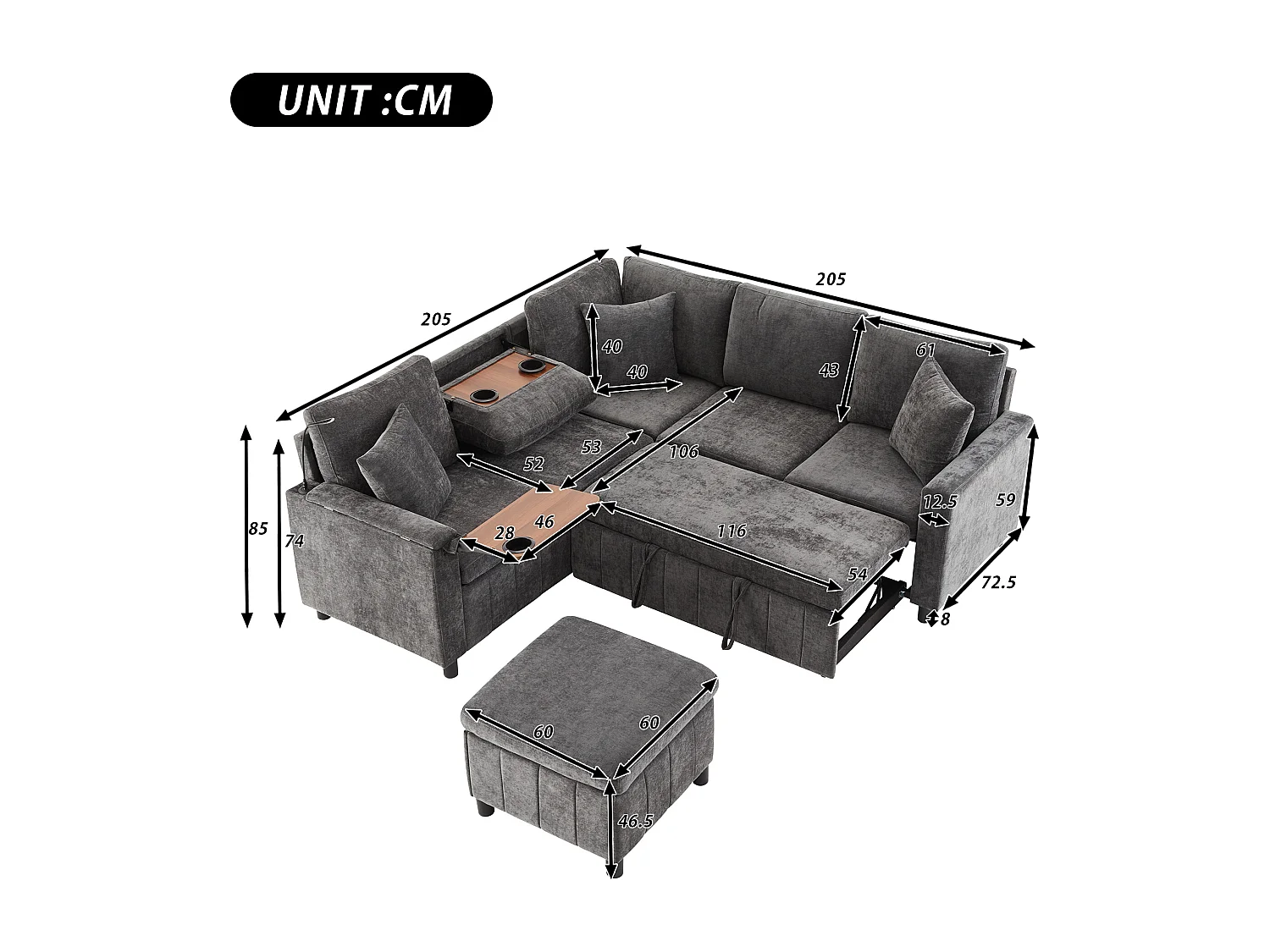 Canapé d'angle en chenille - avec fonction sommeil - avec USB, Type-C et lampe de lecture - dossier pliable avec deux porte-gobelets - avec tabouret - Gris