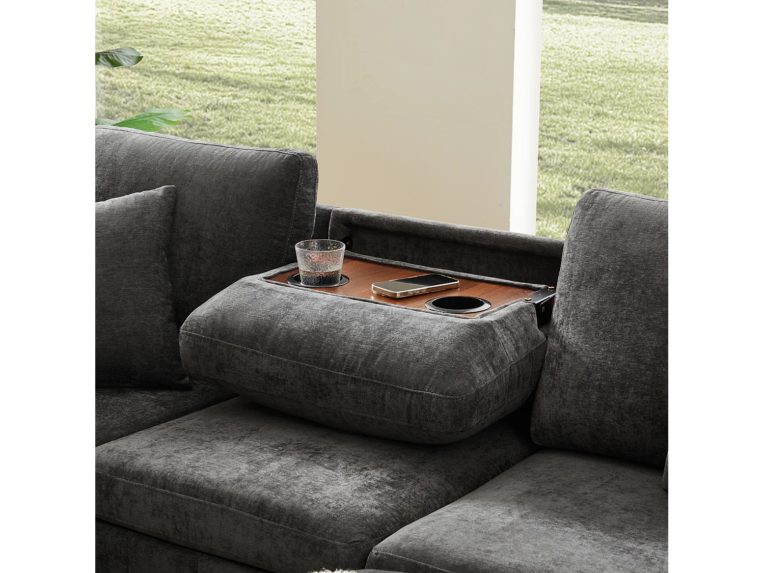 Canapé d'angle en chenille - avec fonction sommeil - avec USB, Type-C et lampe de lecture - dossier pliable avec deux porte-gobelets - avec tabouret - Gris