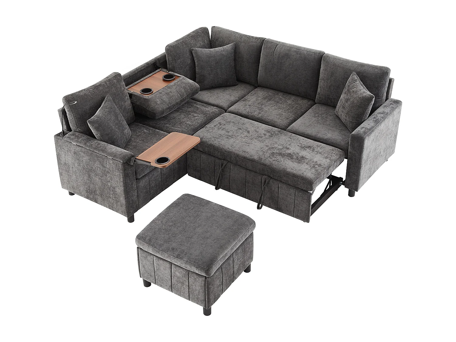 Canapé d'angle en chenille - avec fonction sommeil - avec USB, Type-C et lampe de lecture - dossier pliable avec deux porte-gobelets - avec tabouret - Gris