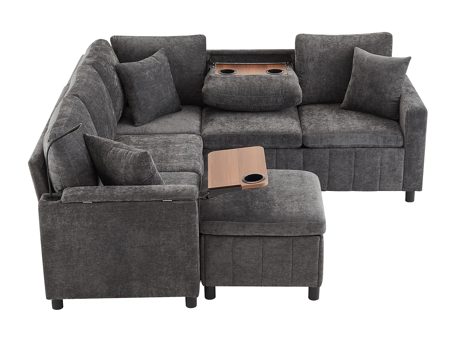 Canapé d'angle en chenille - avec fonction sommeil - avec USB, Type-C et lampe de lecture - dossier pliable avec deux porte-gobelets - avec tabouret - Gris