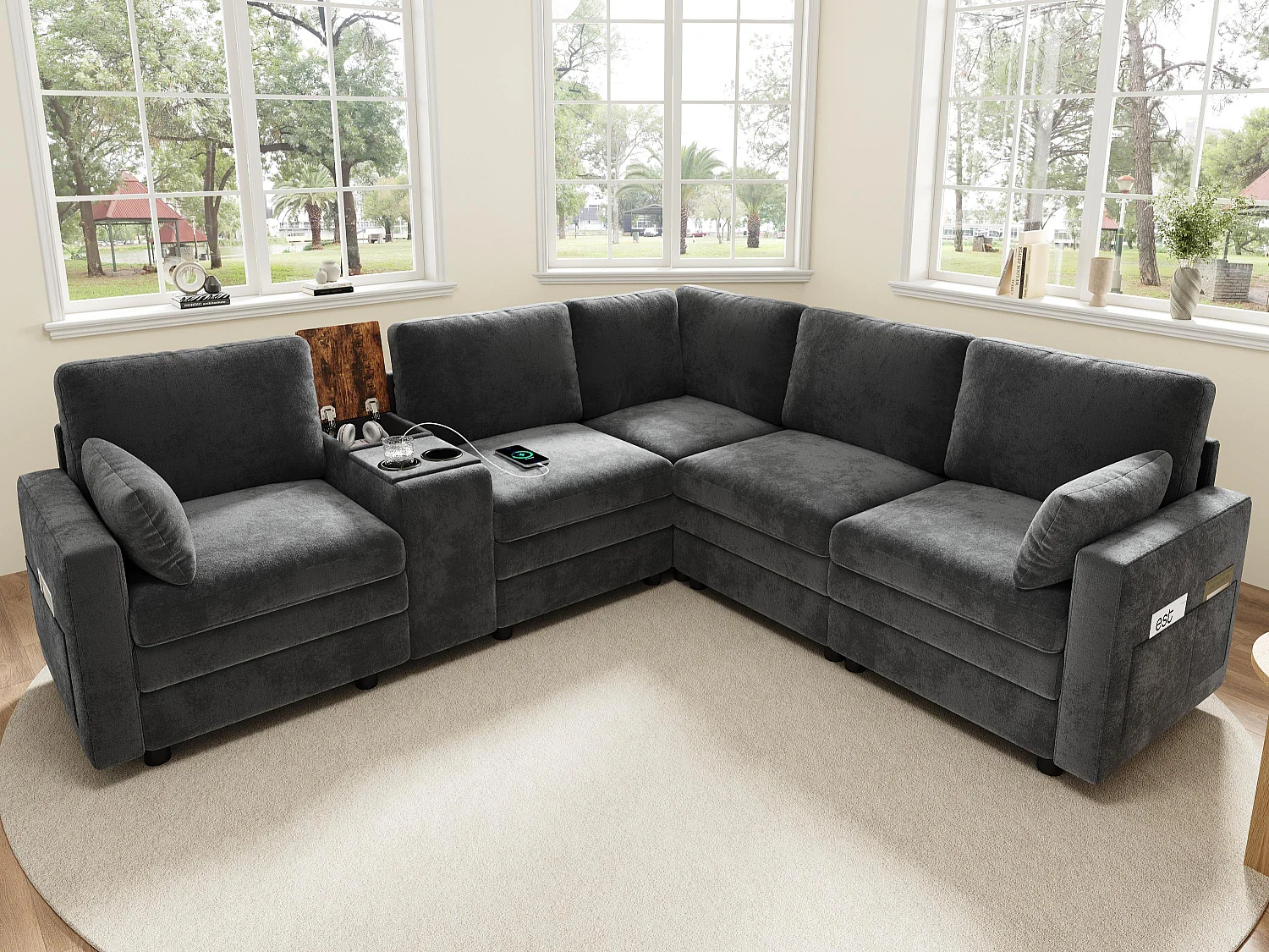 Canapé d'angle 5 places en L - avec panneau de commande - avec port USB et porte-gobelet - Chenil - gris