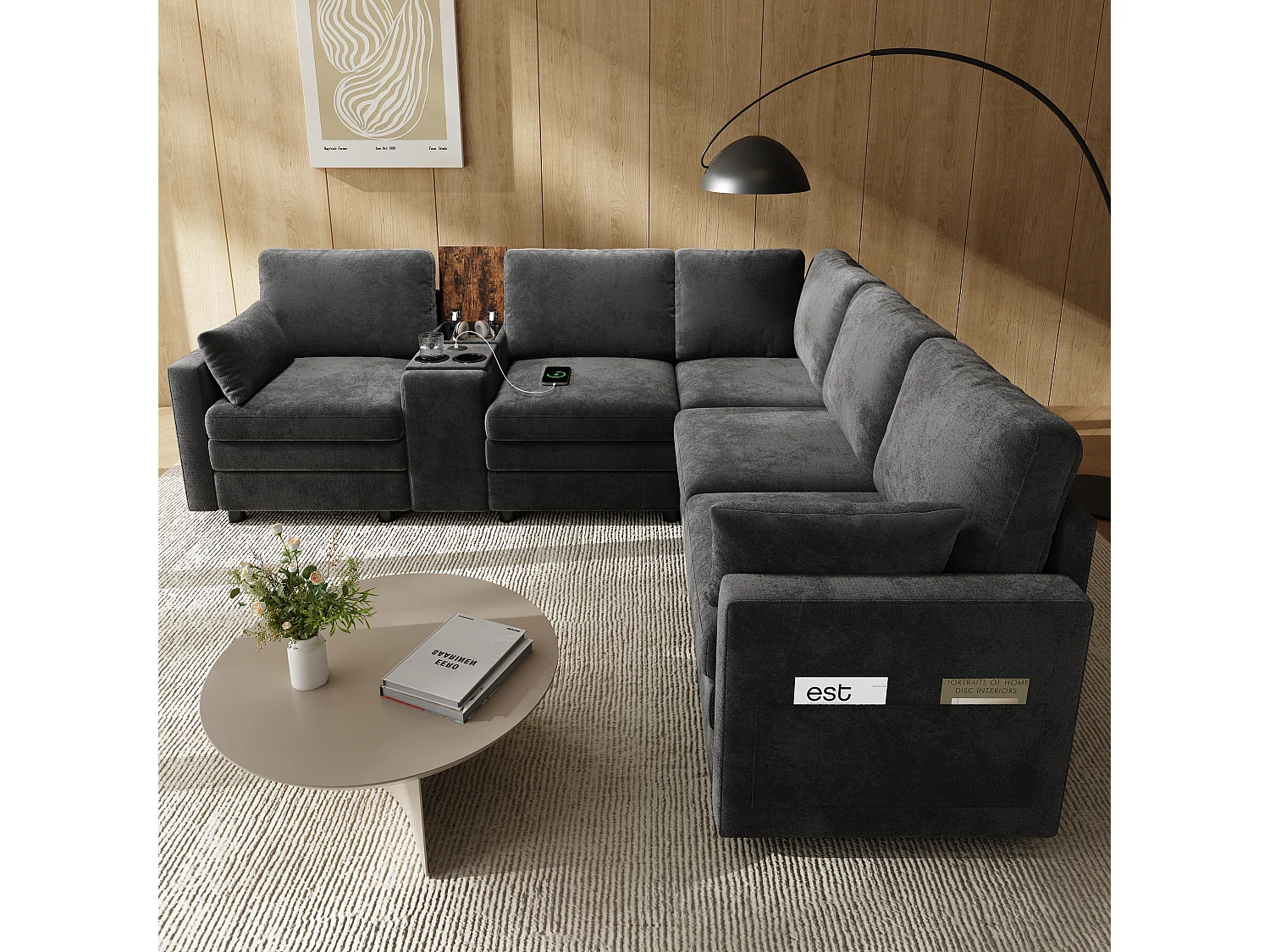 Canapé d'angle 5 places en L - avec panneau de commande - avec port USB et porte-gobelet - Chenil - gris