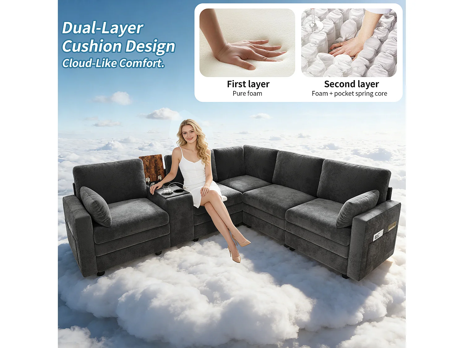 Canapé d'angle 5 places en L - avec panneau de commande - avec port USB et porte-gobelet - Chenil - gris