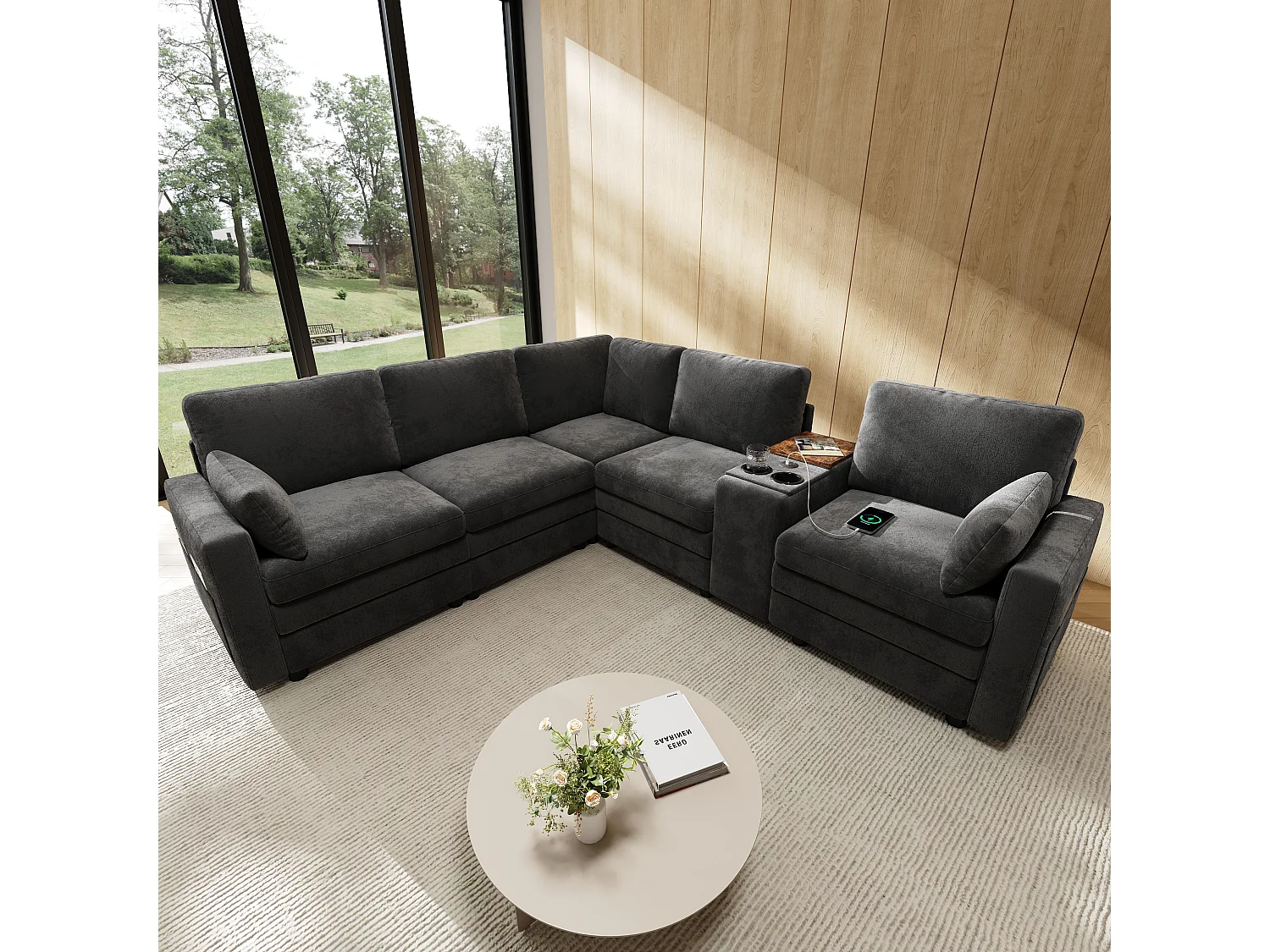 Canapé d'angle 5 places en L - avec panneau de commande - avec port USB et porte-gobelet - Chenil - gris