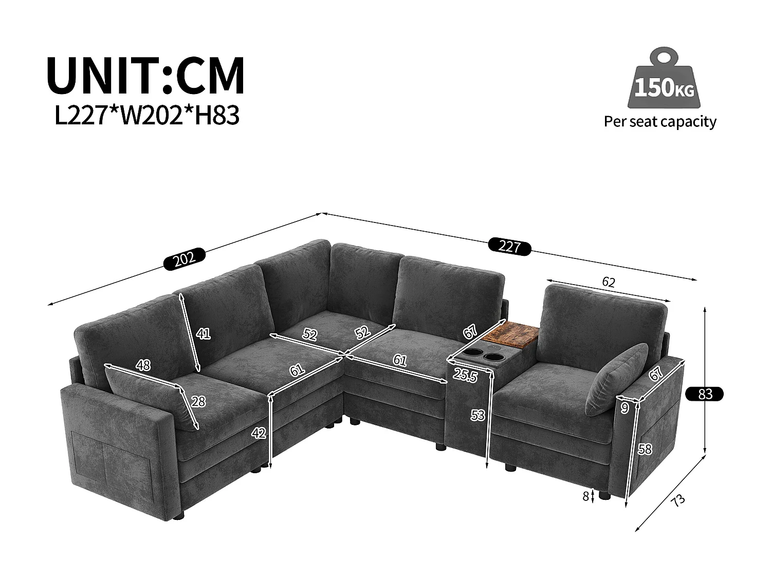 Canapé d'angle 5 places en L - avec panneau de commande - avec port USB et porte-gobelet - Chenil - gris