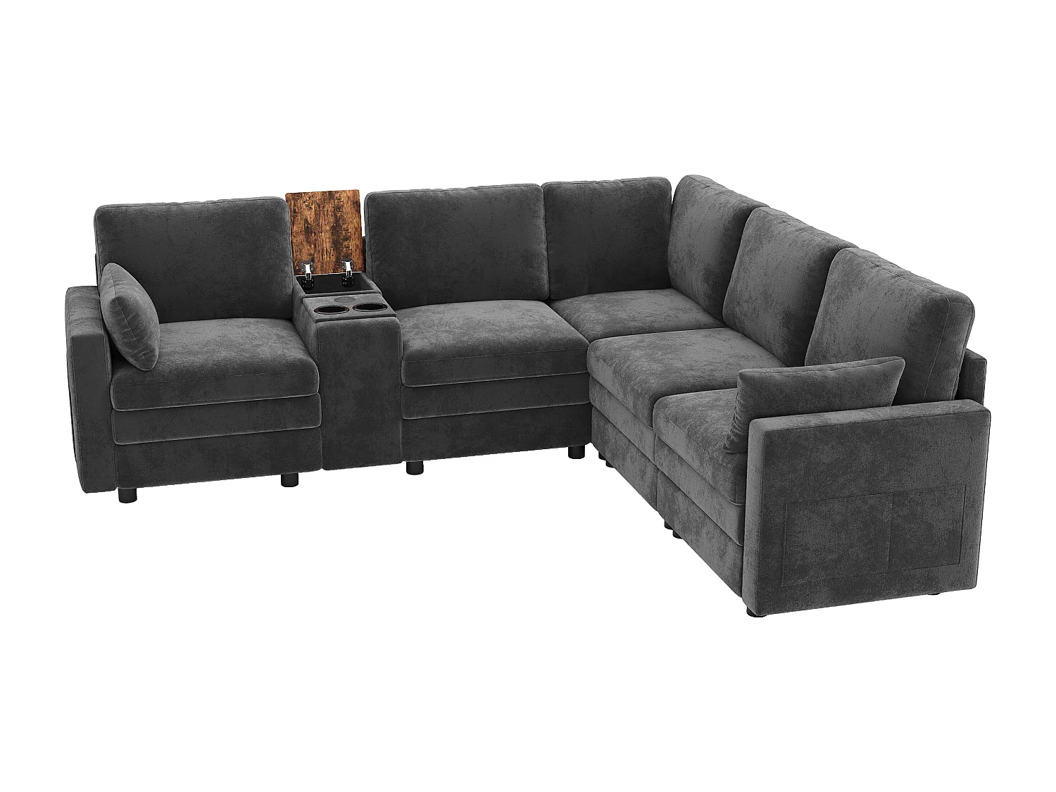 Canapé d'angle 5 places en L - avec panneau de commande - avec port USB et porte-gobelet - Chenil - gris