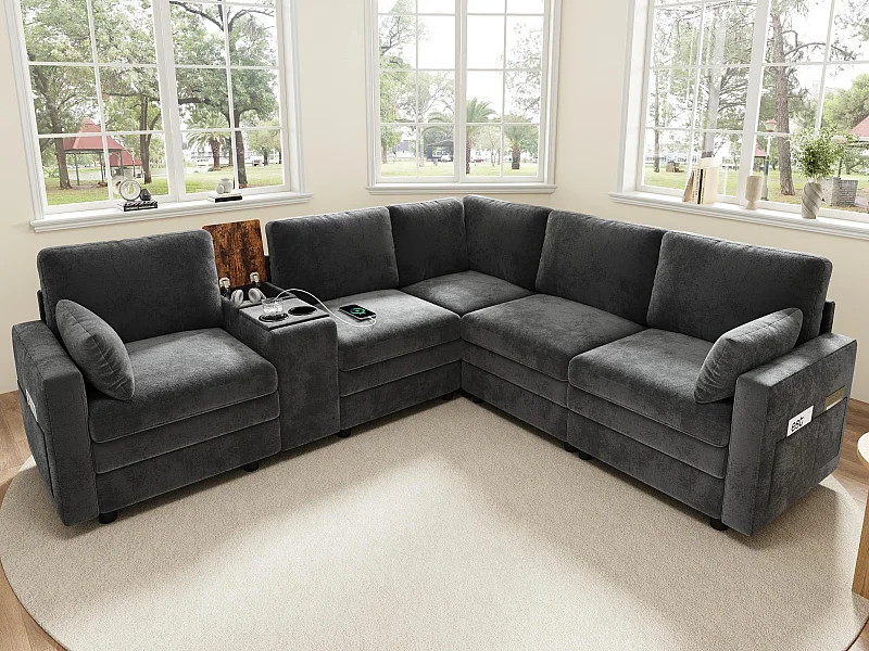 Canapé d'angle 5 places en L - avec panneau de commande - avec port USB et porte-gobelet - Chenil - gris