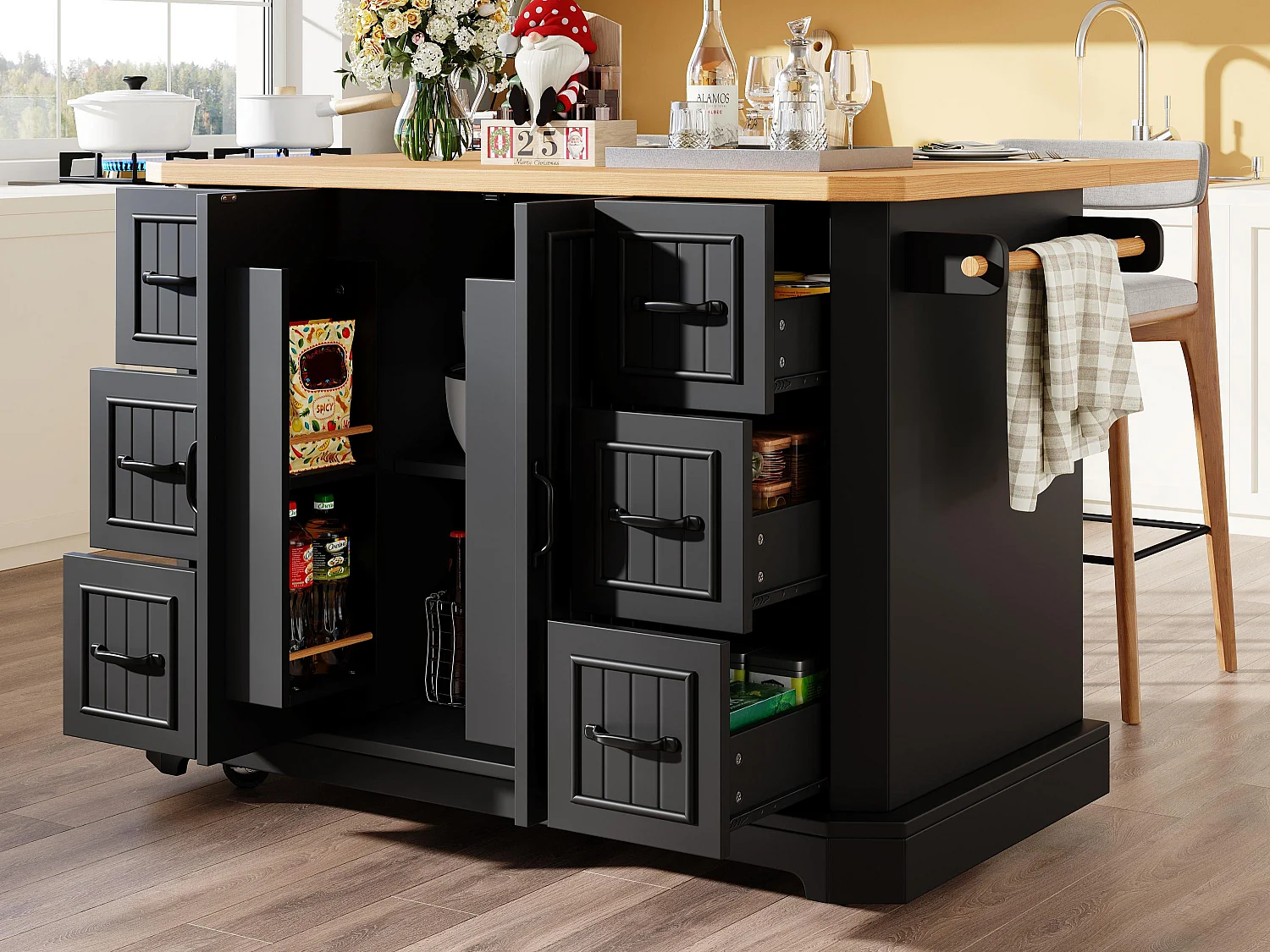 Ilot central de cuisine mobile - Plateau extensible - 120x75x91cm - 2 portes et 6 tiroirs - avec porte-serviettes - Noir