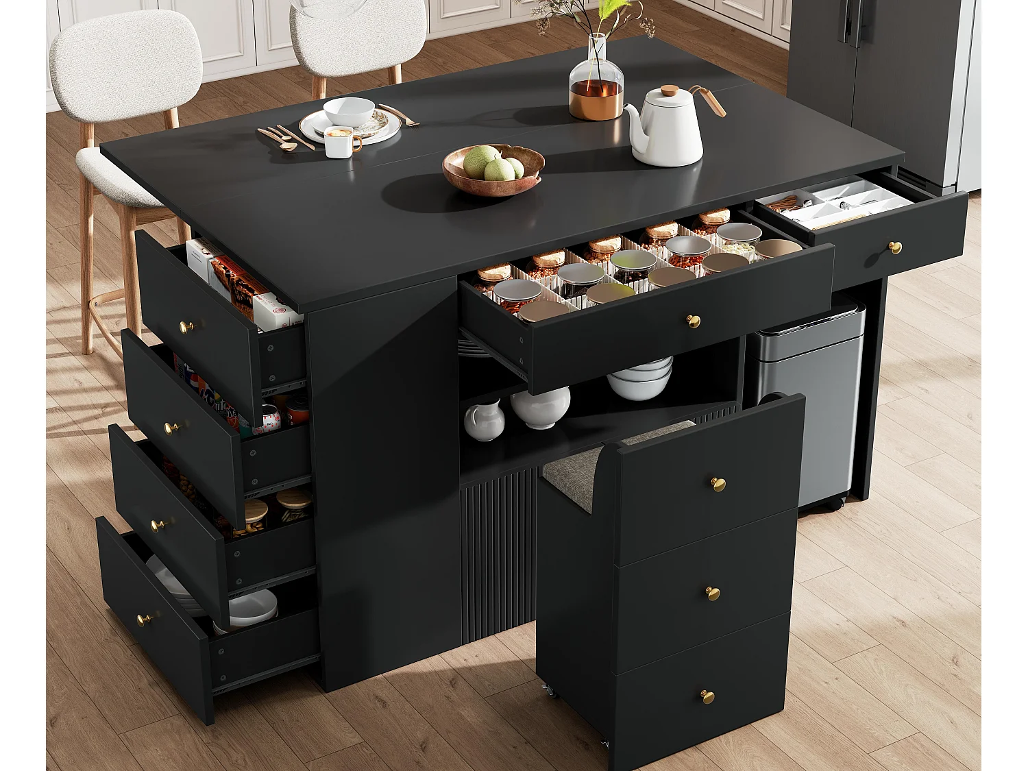 Ilot central de cuisine - Plateau extensible - 140x70x89cm - 3 portes et 6 tiroirs - avec tabourets - MDF - Noir