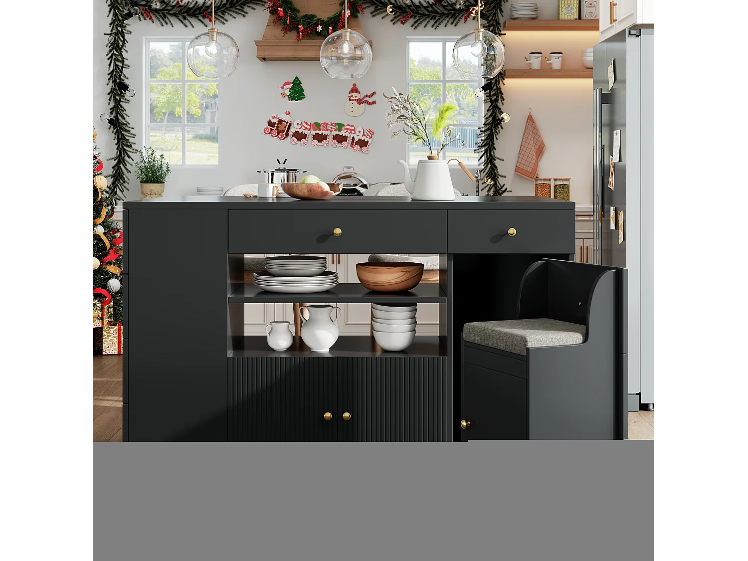 Ilot central de cuisine - Plateau extensible - 140x70x89cm - 3 portes et 6 tiroirs - avec tabourets - MDF - Noir