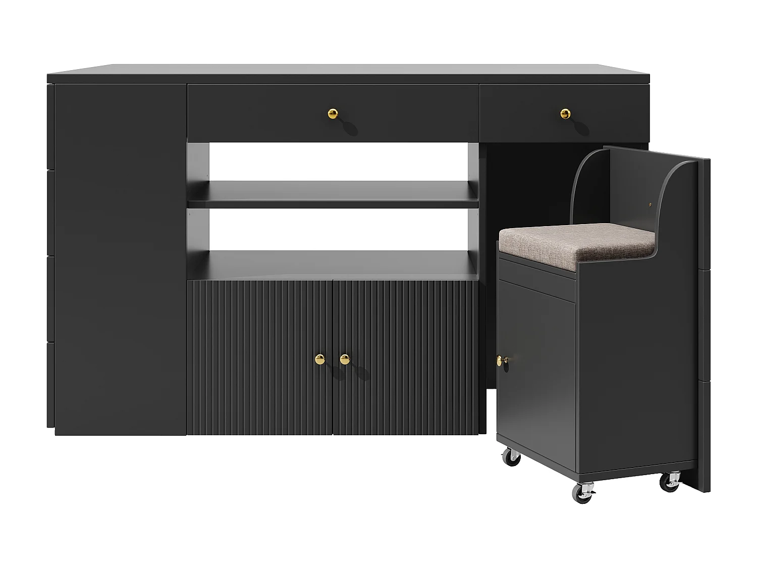 Ilot central de cuisine - Plateau extensible - 140x70x89cm - 3 portes et 6 tiroirs - avec tabourets - MDF - Noir