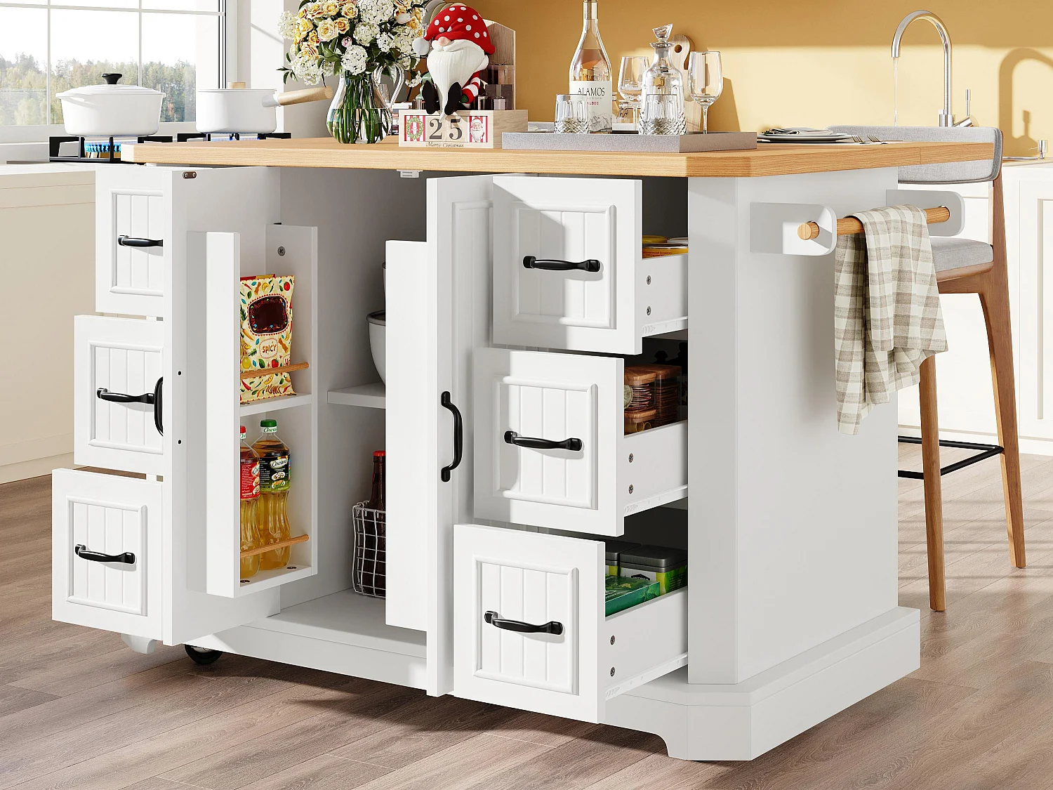 Ilot central de cuisine mobile - Plateau extensible - 120x75x91cm - 2 portes et 6 tiroirs - avec porte-serviettes - Blanc
