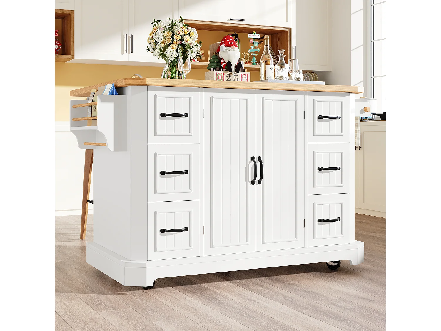 Ilot central de cuisine mobile - Plateau extensible - 120x75x91cm - 2 portes et 6 tiroirs - avec porte-serviettes - Blanc