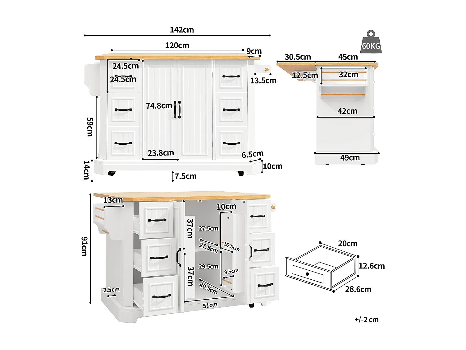 Ilot central de cuisine mobile - Plateau extensible - 120x75x91cm - 2 portes et 6 tiroirs - avec porte-serviettes - Blanc