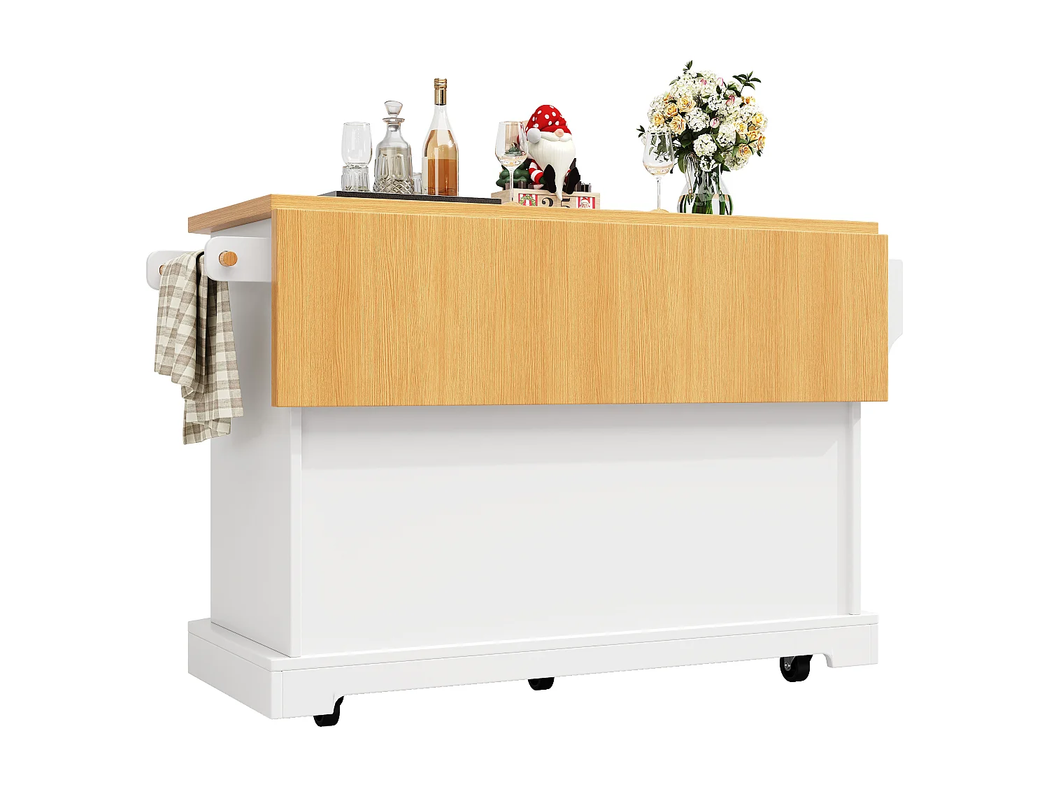 Ilot central de cuisine mobile - Plateau extensible - 120x75x91cm - 2 portes et 6 tiroirs - avec porte-serviettes - Blanc