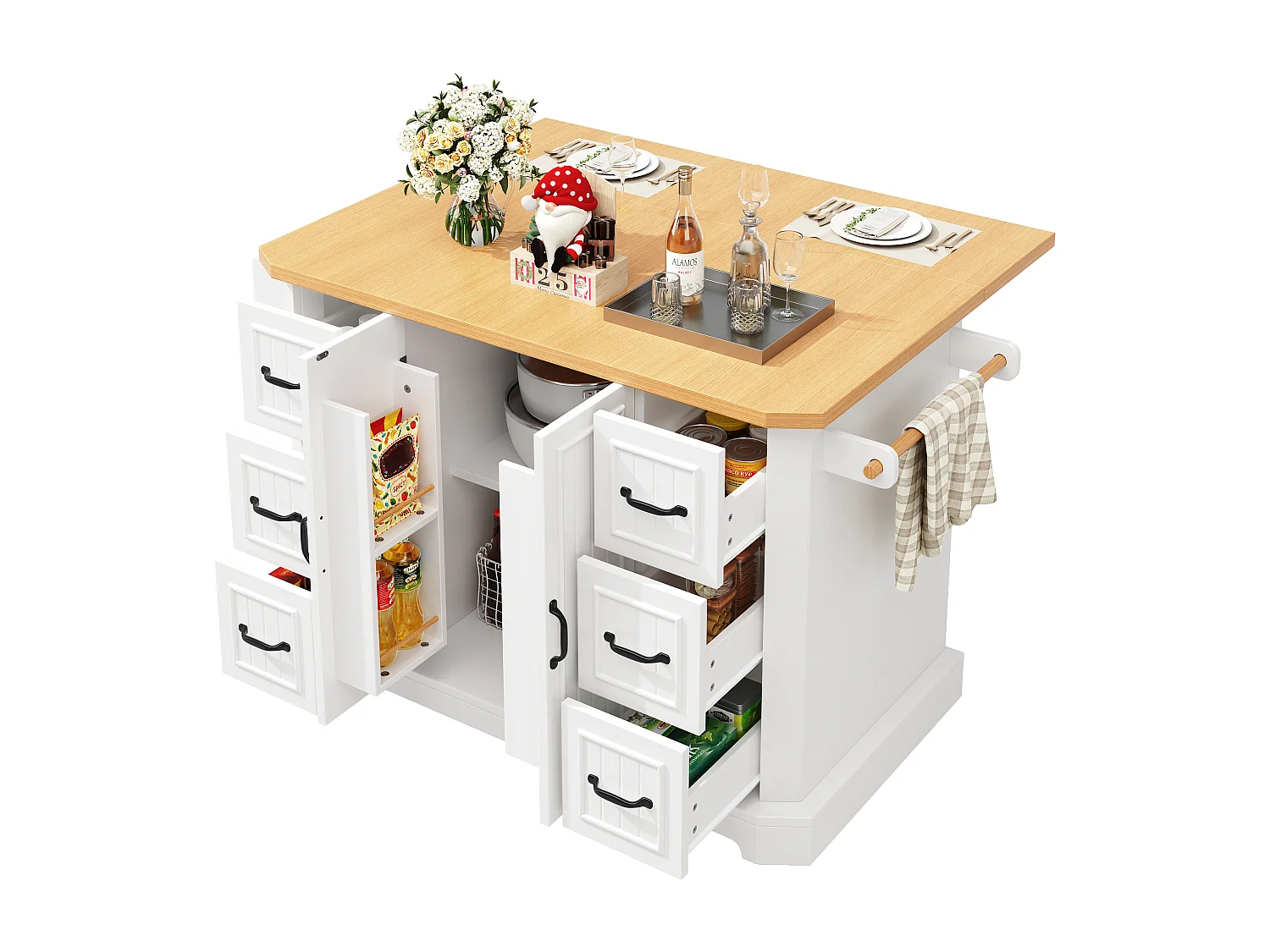 Ilot central de cuisine mobile - Plateau extensible - 120x75x91cm - 2 portes et 6 tiroirs - avec porte-serviettes - Blanc