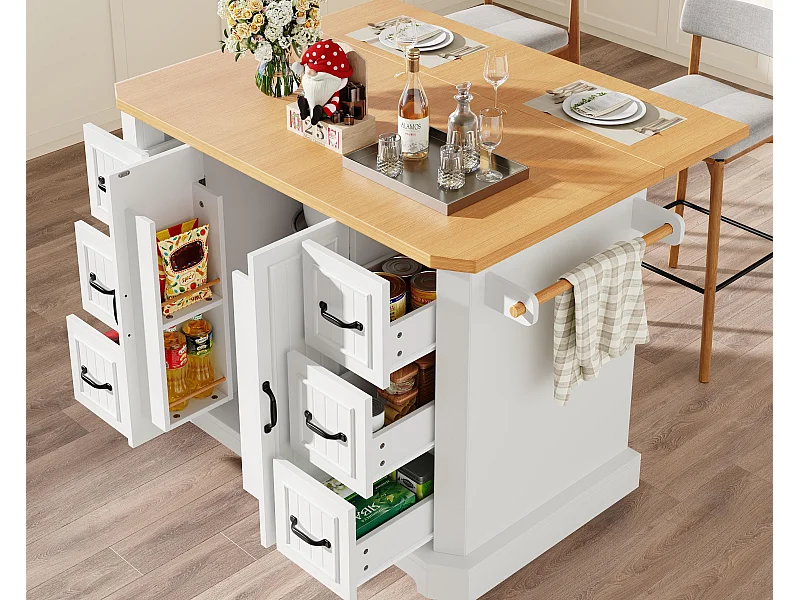 Ilot central de cuisine mobile - Plateau extensible - 120x75x91cm - 2 portes et 6 tiroirs - avec porte-serviettes - Blanc