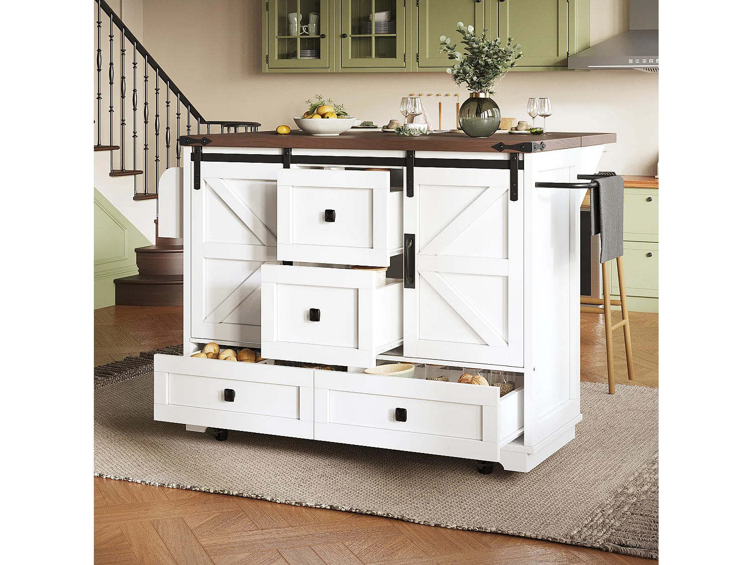 Ilot central de cuisine mobile - Plateau extensible - 120x73x93cm - 2 portes et 4 tiroirs - avec porte-serviettes - style campagnard - Blanc