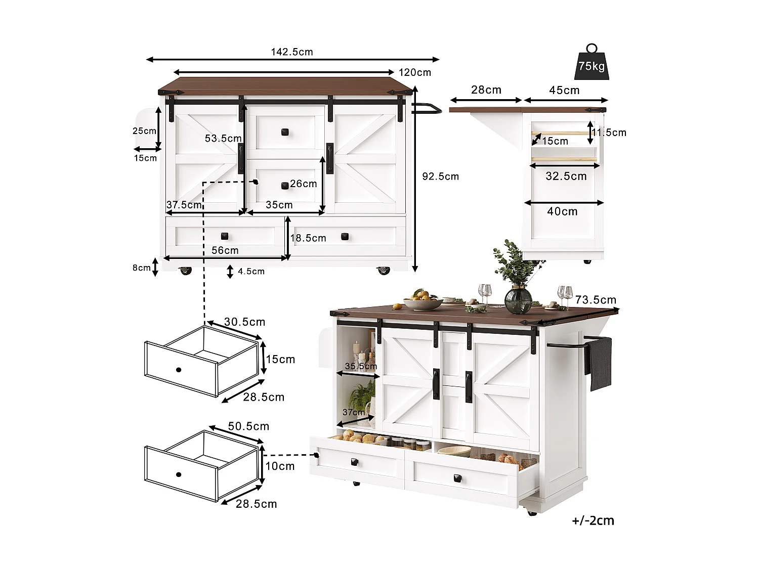 Ilot central de cuisine mobile - Plateau extensible - 120x73x93cm - 2 portes et 4 tiroirs - avec porte-serviettes - style campagnard - Blanc