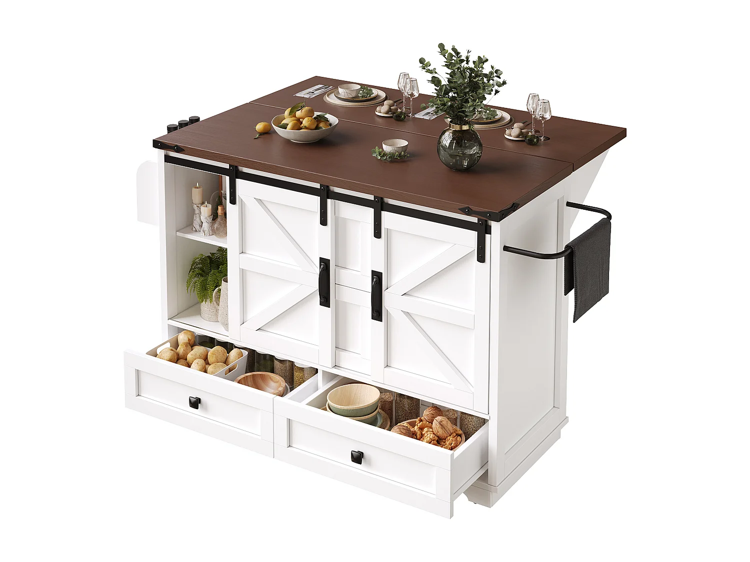 Ilot central de cuisine mobile - Plateau extensible - 120x73x93cm - 2 portes et 4 tiroirs - avec porte-serviettes - style campagnard - Blanc