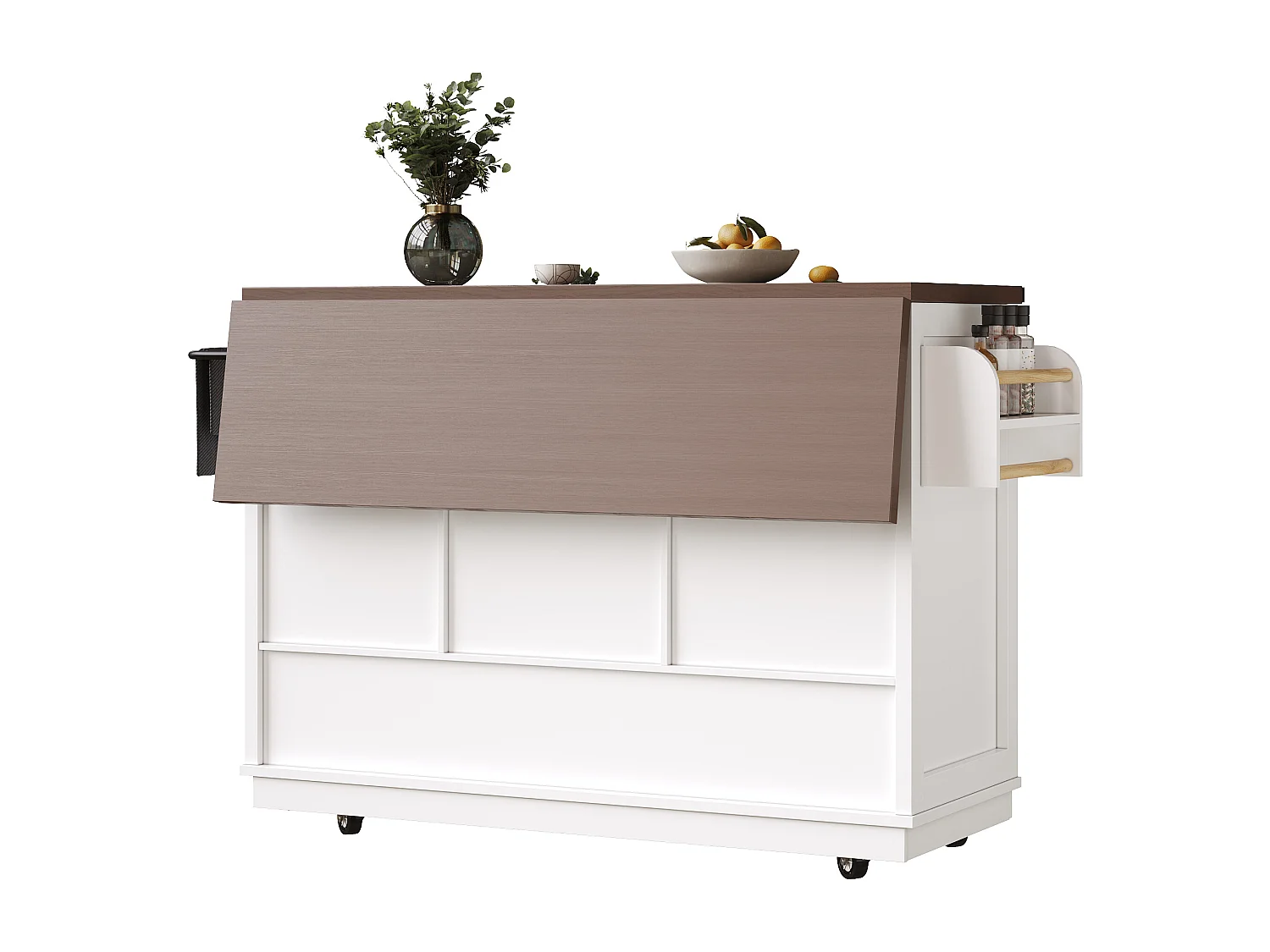 Ilot central de cuisine mobile - Plateau extensible - 120x73x93cm - 2 portes et 4 tiroirs - avec porte-serviettes - style campagnard - Blanc