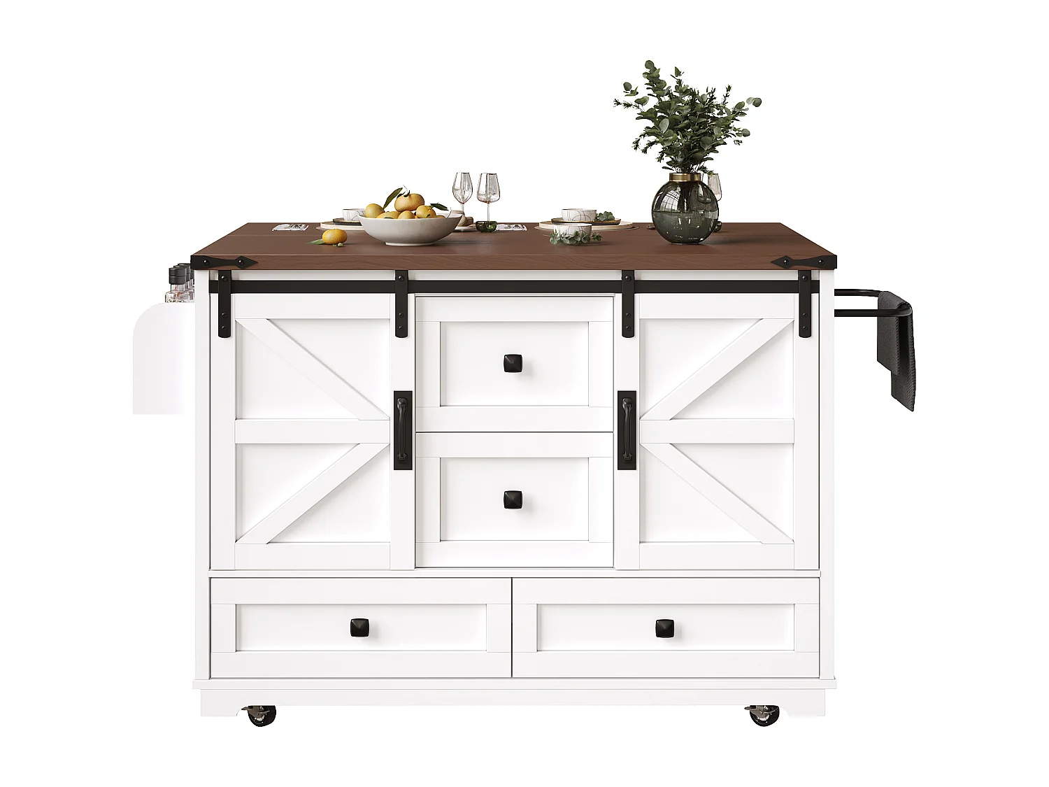 Ilot central de cuisine mobile - Plateau extensible - 120x73x93cm - 2 portes et 4 tiroirs - avec porte-serviettes - style campagnard - Blanc