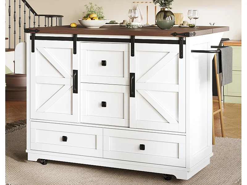 Ilot central de cuisine mobile - Plateau extensible - 120x73x93cm - 2 portes et 4 tiroirs - avec porte-serviettes - style campagnard - Blanc