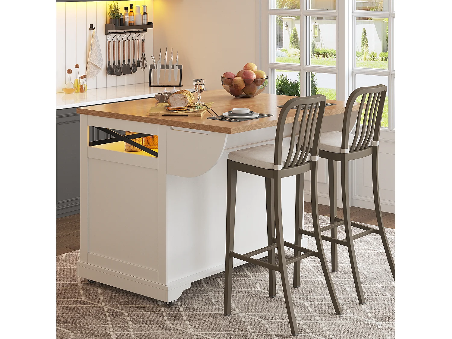 Ilot central de cuisine mobile - Plateau extensible - 120x71x98cm - avec LED - 2 portes et 3 tiroirs - étagères ouvertes - Blanc