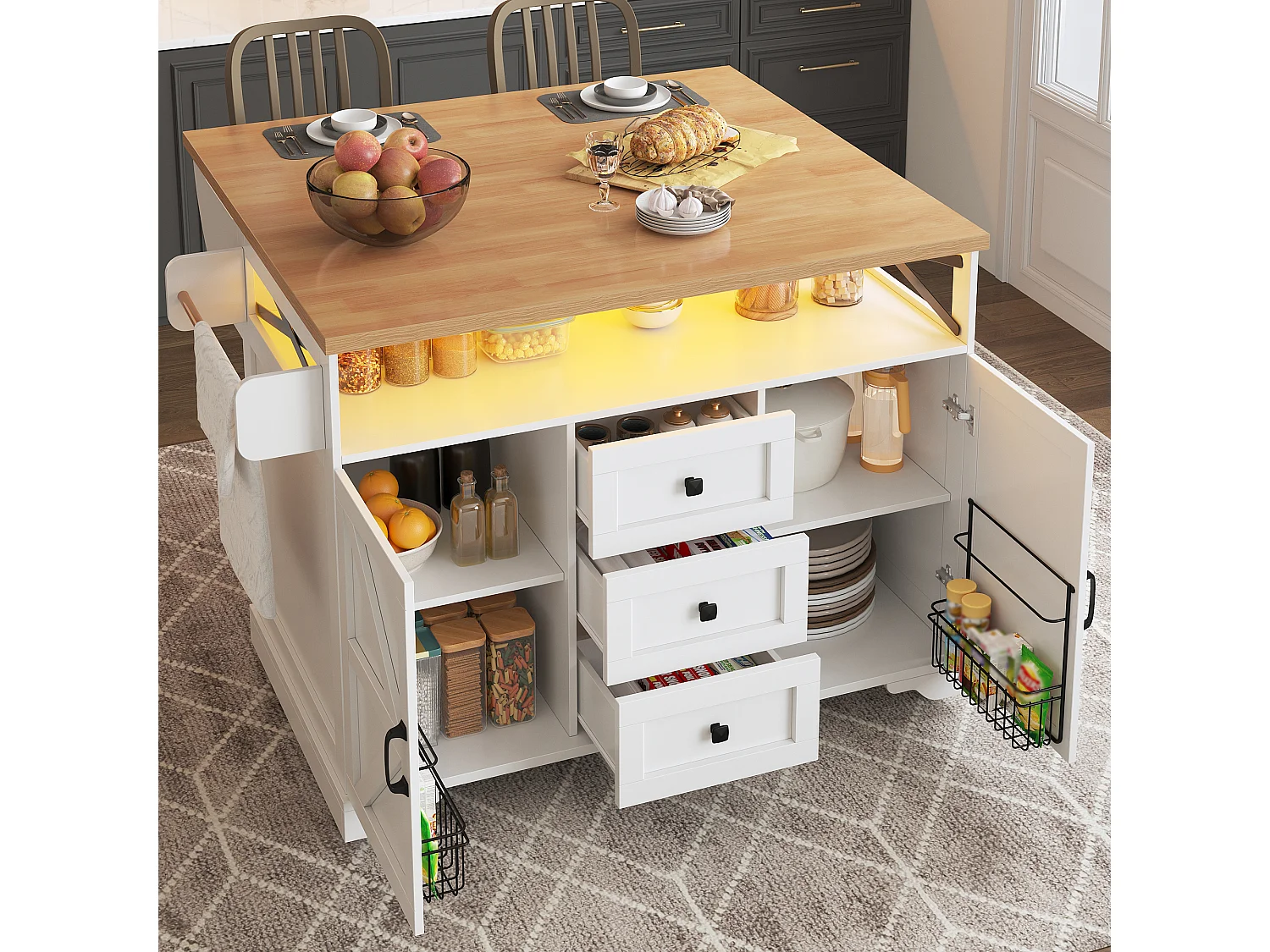 Ilot central de cuisine mobile - Plateau extensible - 120x71x98cm - avec LED - 2 portes et 3 tiroirs - étagères ouvertes - Blanc