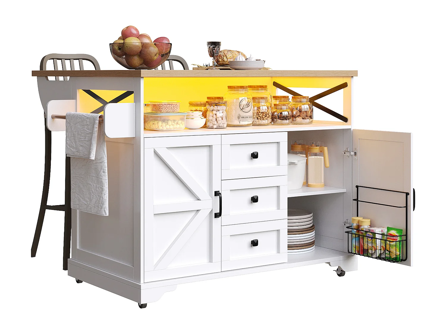 Ilot central de cuisine mobile - Plateau extensible - 120x71x98cm - avec LED - 2 portes et 3 tiroirs - étagères ouvertes - Blanc