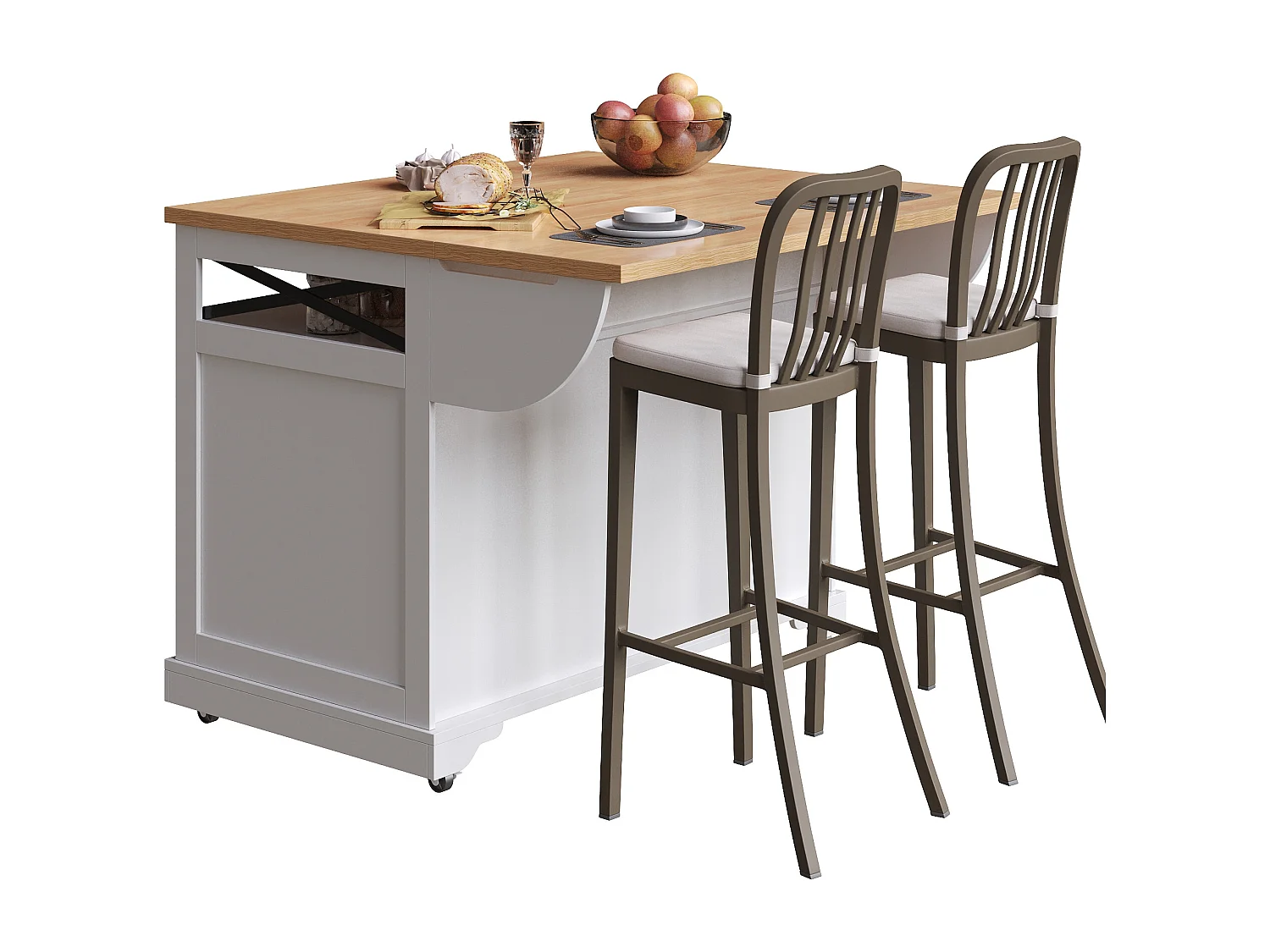 Ilot central de cuisine mobile - Plateau extensible - 120x71x98cm - avec LED - 2 portes et 3 tiroirs - étagères ouvertes - Blanc