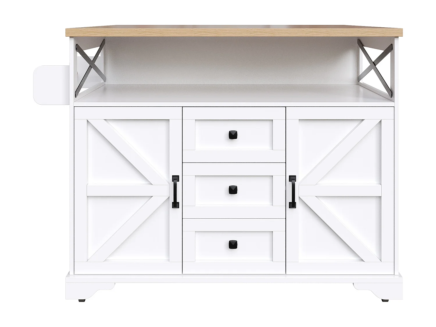 Ilot central de cuisine mobile - Plateau extensible - 120x71x98cm - avec LED - 2 portes et 3 tiroirs - étagères ouvertes - Blanc