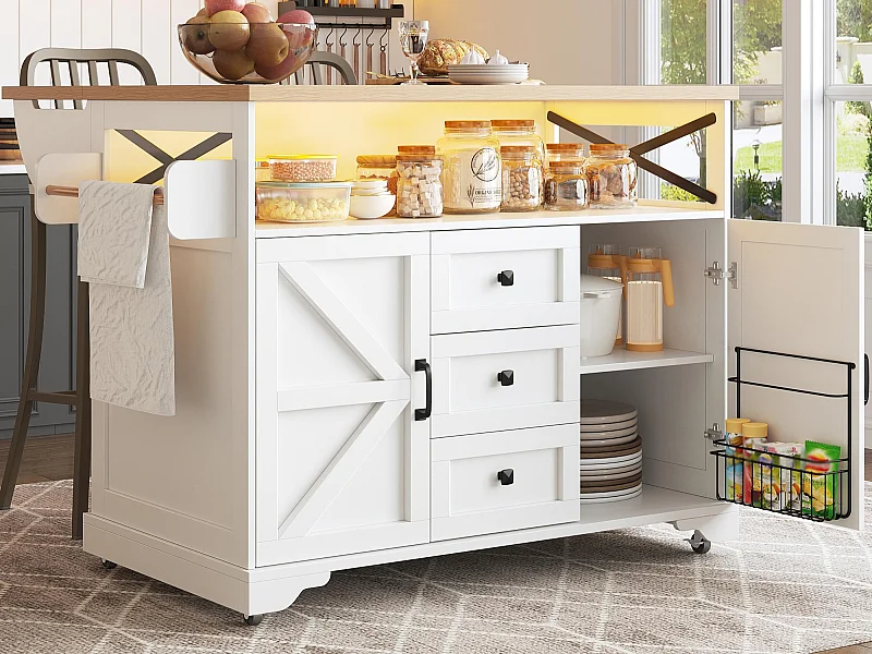 Ilot central de cuisine mobile - Plateau extensible - 120x71x98cm - avec LED - 2 portes et 3 tiroirs - étagères ouvertes - Blanc